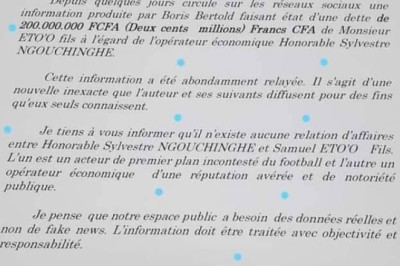 Fake News : Démenti de la dette de 200 millions de FCFA d'Eto'o fils à l'égard de NGOUCHINGHE